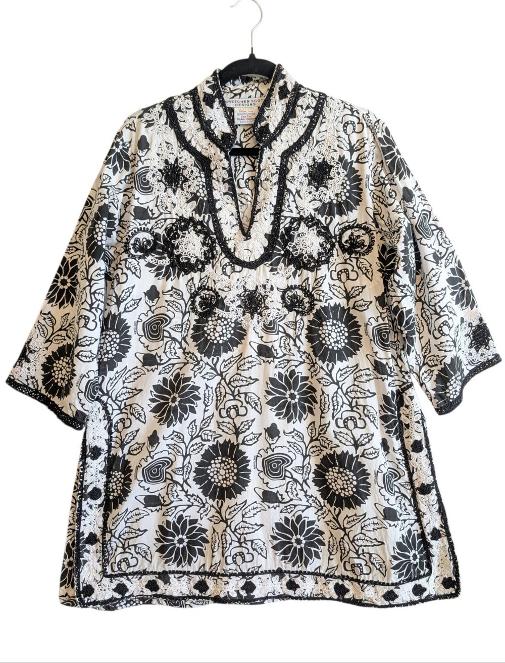 Gretchen Scott Embroidered Black & White Floral Tunic Top Sz L Boho